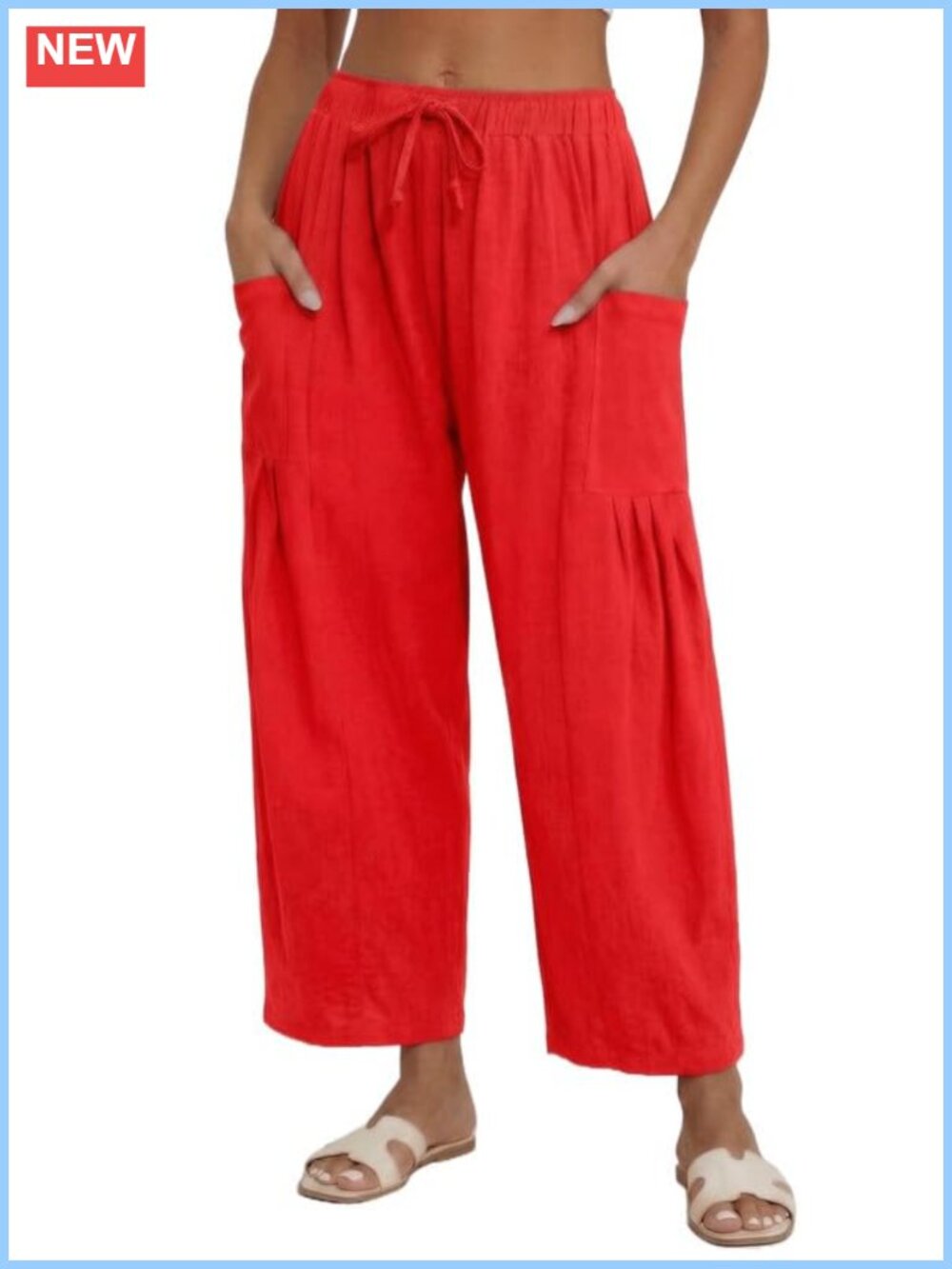 Women's Linen Blend Wide Leg Pants Drawstring Palazzo with Pockets